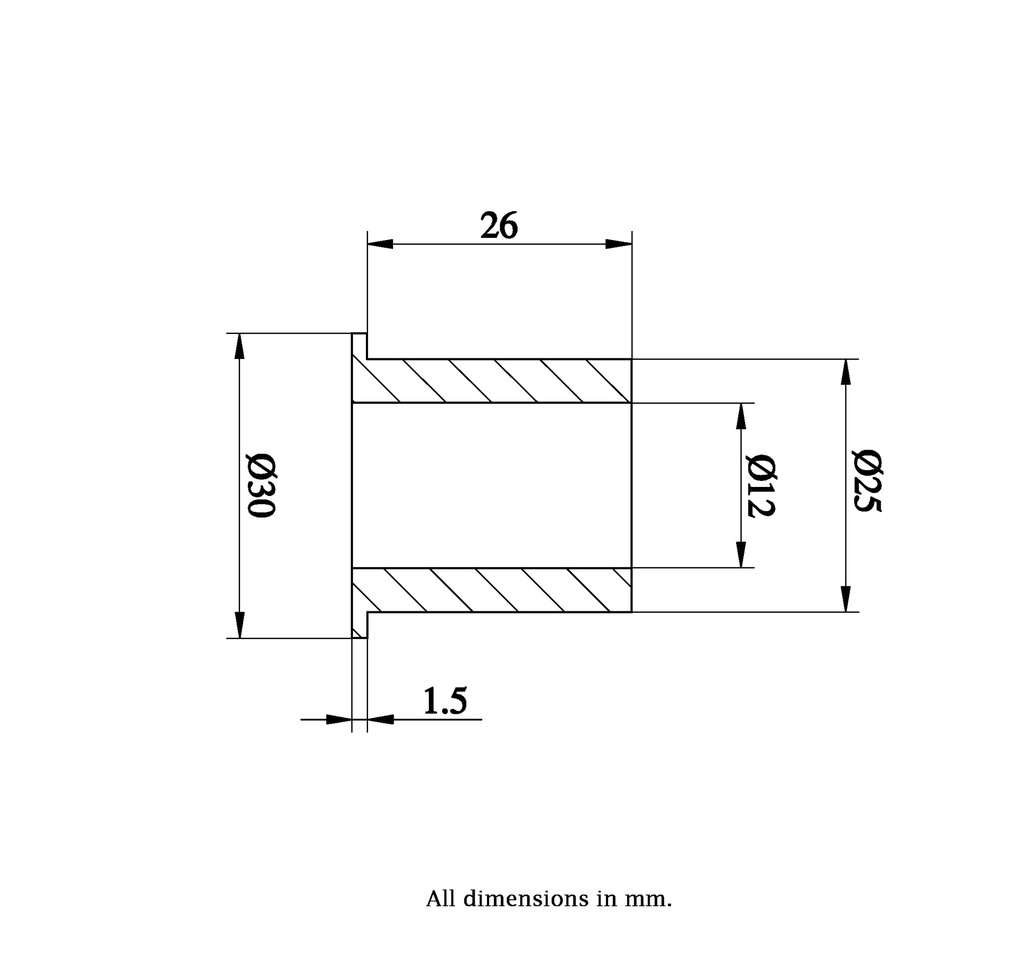 T-Bush 25x12x01.5mm - T-bush drawing with Dimensions