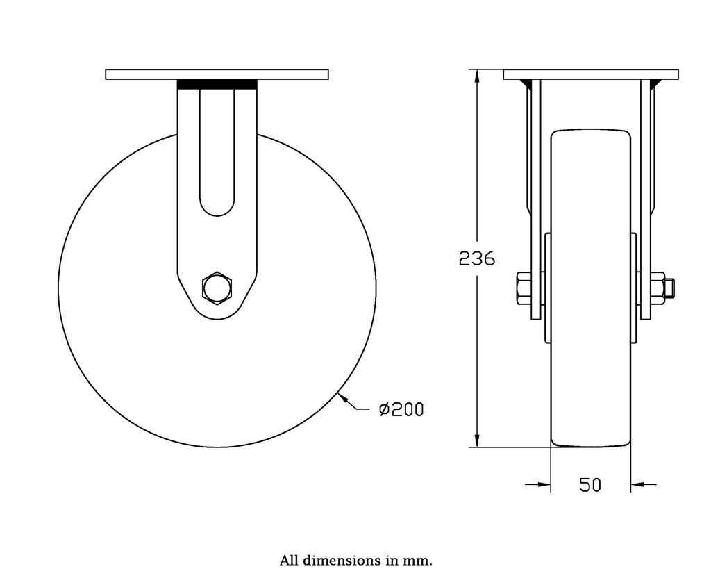 500 series 200mm fixed top plate 140x110mm castor with polyurethane on nylon centre ball bearing wheel 500kg - Castor drawing