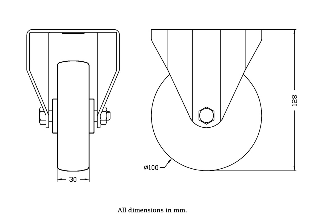 300 series 100mm fixed top plate 100x84mm castor with polyurethane on nylon centre roller bearing wheel 170kg - Castor drawing