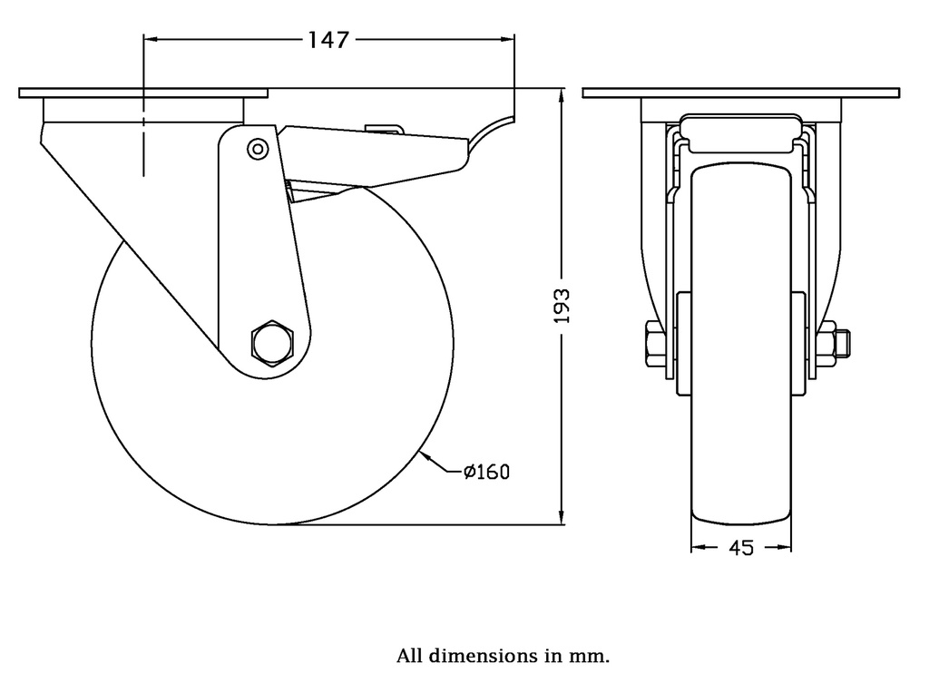 300 series 160mm swivel/brake top plate 140x110mm castor with polyurethane on nylon centre plain bearing wheel 320kg - Castor drawing