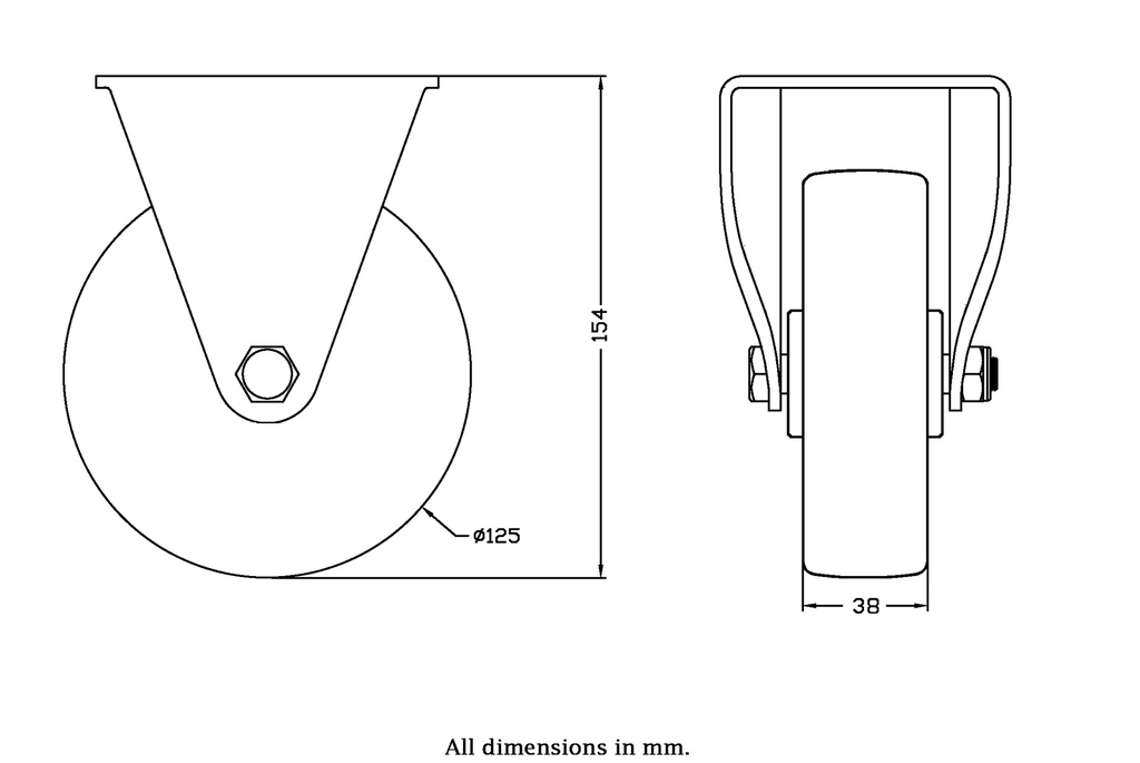 322 series 125mm fixed top plate 105x88mm castor with polyurethane on nylon centre roller bearing wheel 250kg - Castor drawing