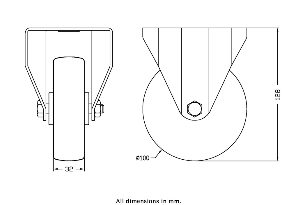 300 series 100mm fixed top plate 100x84mm castor with polypropylene roller bearing wheel 150kg - Castor drawing