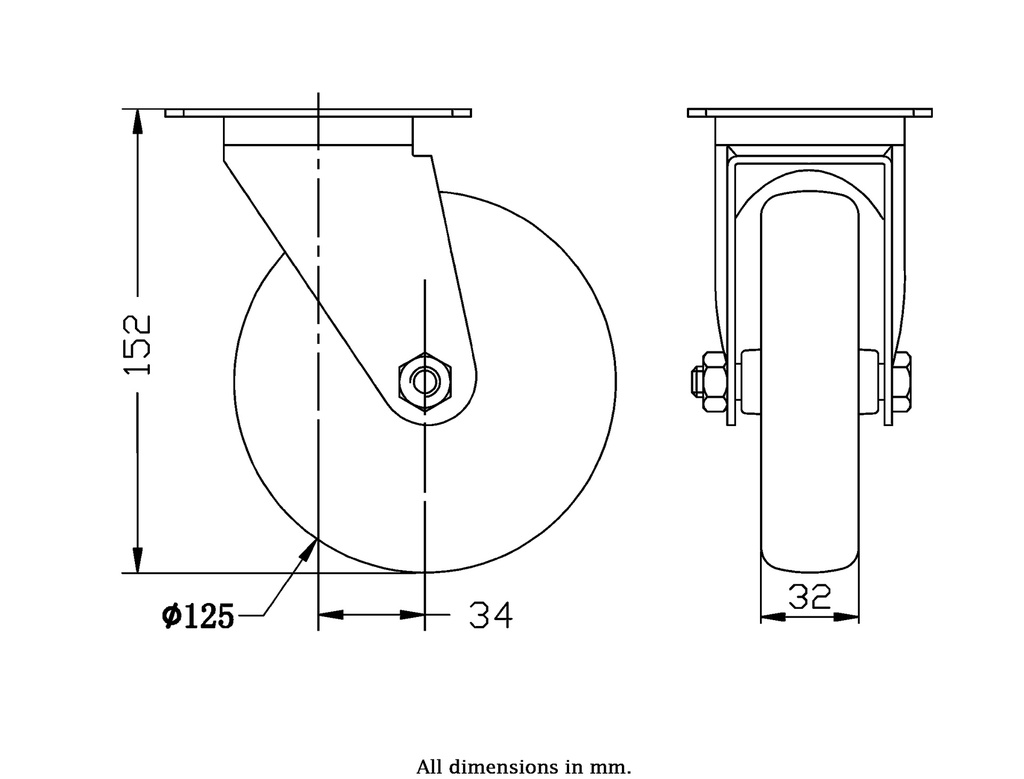 300 series 125mm swivel top plate 100x80mm castor with electrically conductive grey TPR-rubber on polypropylene centre plain bearing wheel 80kg - Castor drawing