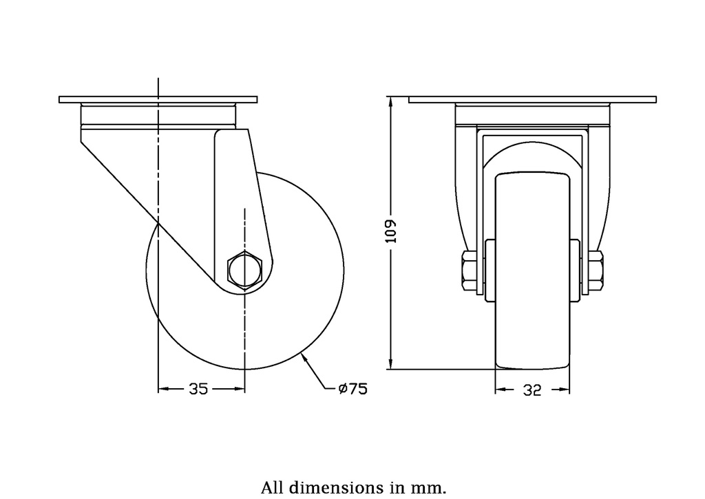 300 series 75mm swivel top plate 100x80mm castor with cast iron plain bearing wheel 170kg - Castor drawing