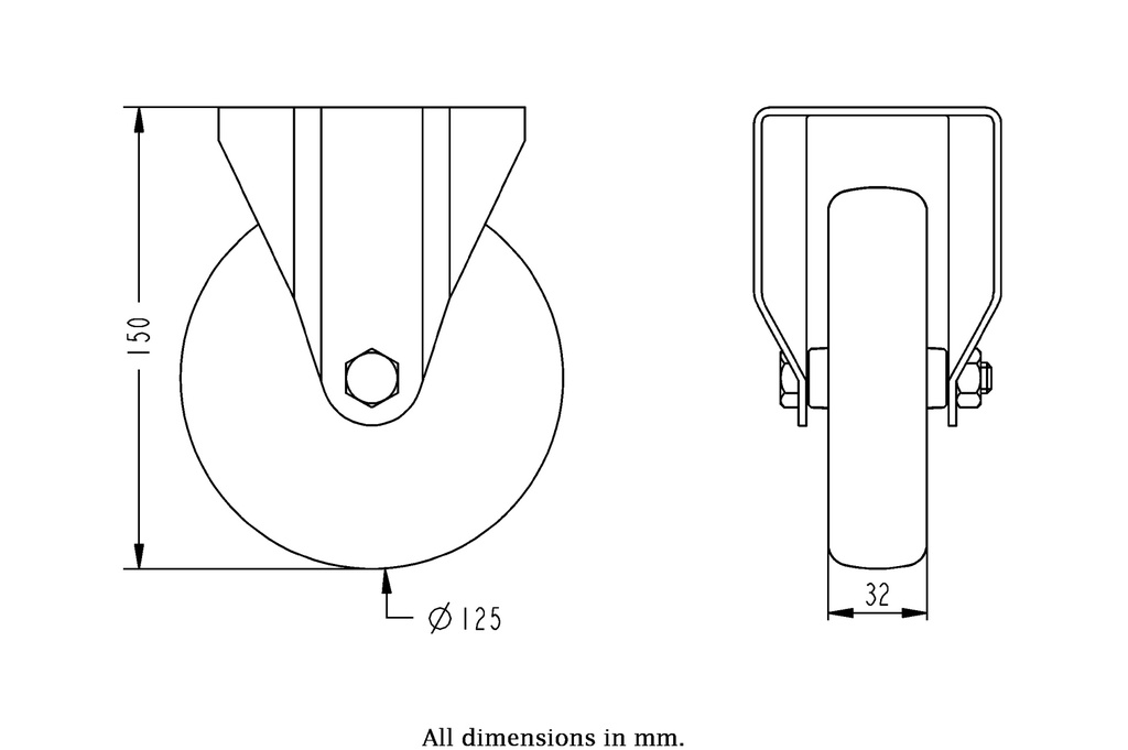 300SS series 125mm stainless steel fixed top plate 100x85mm castor with grey TPR-rubber on polypropylene centre plain bearing wheel 125kg - Castor drawing