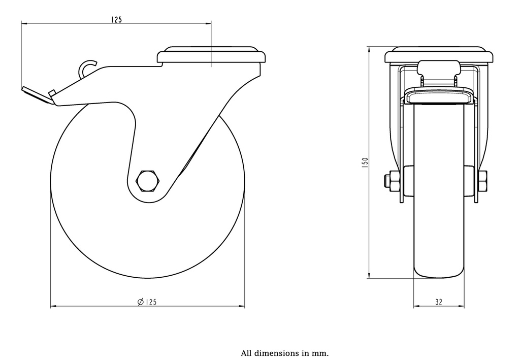 300SS series 125mm stainless steel swivel/brake bolt hole 12mm castor with grey TPR-rubber on polypropylene centre plain bearing wheel 125kg 