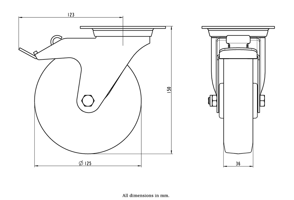 300SS series stainless steel swivel/brake castor 125mm blue elastic rubber on nylon centre top plate 100x85mm stainless steel roller bearing 150kg - Castor drawing