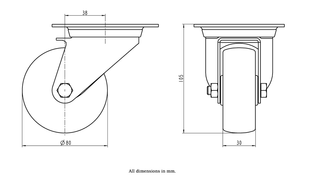 300SS series 80mm stainless steel swivel top plate 100x85mm castor with polyurethane on nylon centre plain bearing wheel 120kg - Castor dimensions