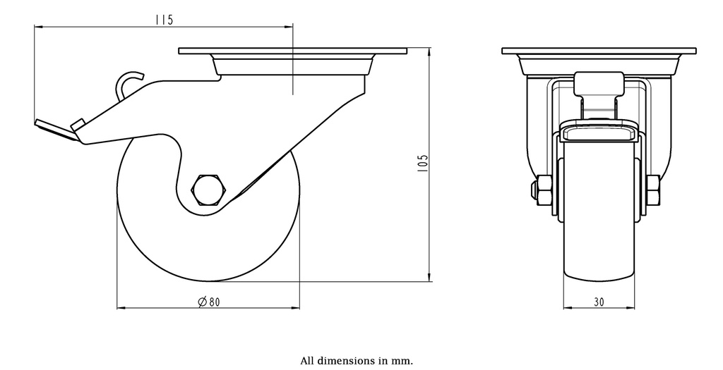 300SS series 80mm stainless steel swivel/brake top plate 100x85mm castor with polyurethane on nylon centre plain bearing wheel 120kg - Castor diemensions