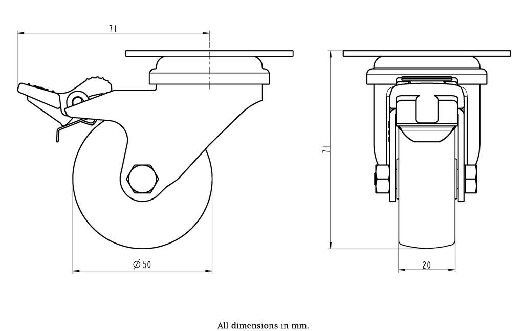 100SS series 50mm stainless steel swivel/brake top plate 60x60mm castor with nylon tread on polypropylene centre plain bearing wheel 50kg - Castor dimensions