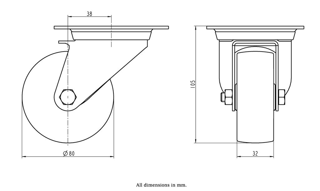 300SS series 80mm stainless steel swivel top plate 100x85mm castor with nylon plain bearing wheel 150kg - Castor dimensions