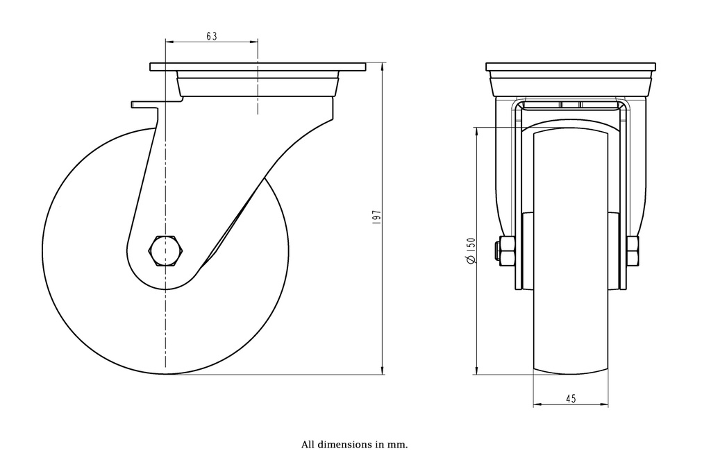 800SS series 150mm stainless steel swivel top plate 140x110mm castor with nylon plain bearing wheel 800kg - Castor dimensions