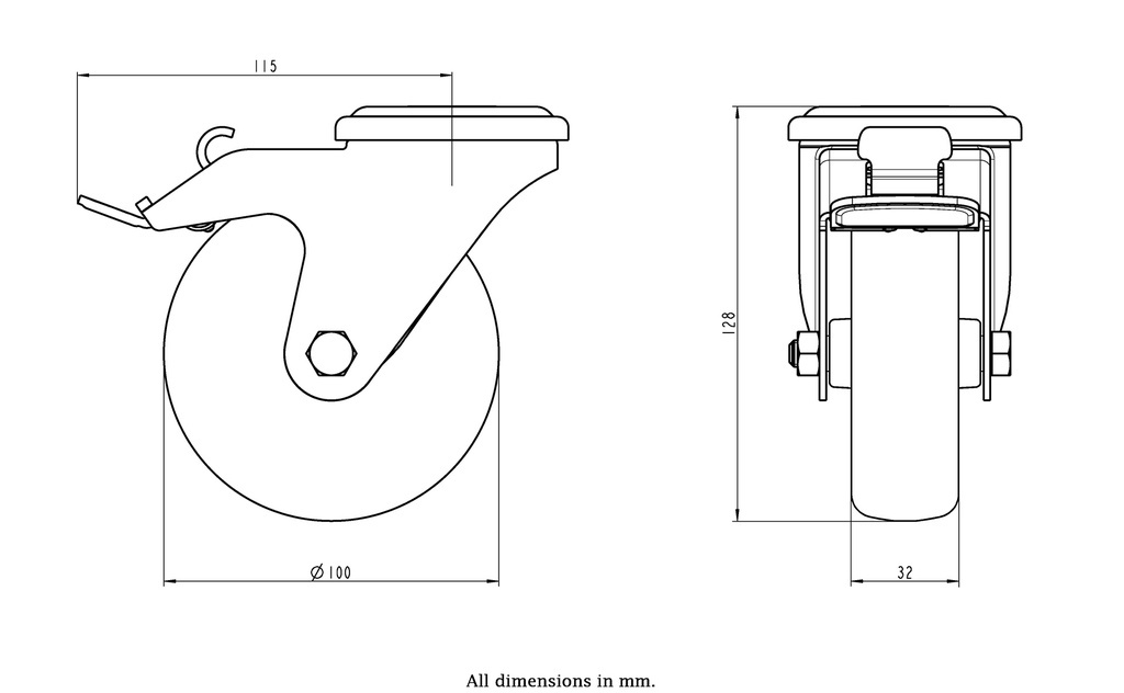 300SS series 100mm stainless steel swivel/brake bolt hole 13mm castor with electrically conductive grey TPR-rubber on polypropylene centre plain bearing wheel 70kg - Castor dimensions