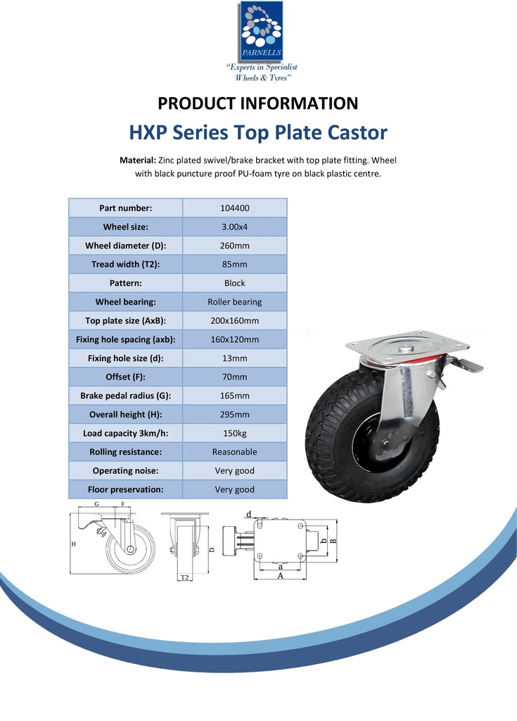 HXP series 3.00x4 swivel/brake top plate 200x160mm castor with black puncture proof block patterned PU-foam tyre on black plastic centre roller bearing wheel 150kg - Spec sheet