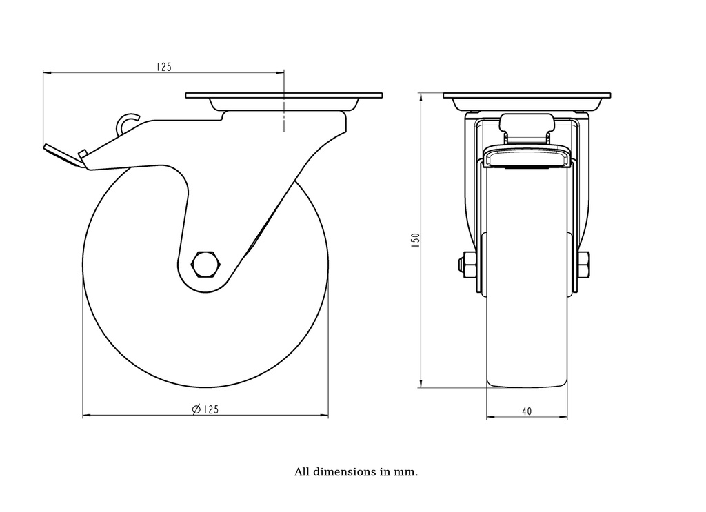 300HTSS series 125mm stainless steel swivel/brake top plate 100x85mm castor with heat resistant thermoplastic plain bearing wheel 150kg - Castor dimensions