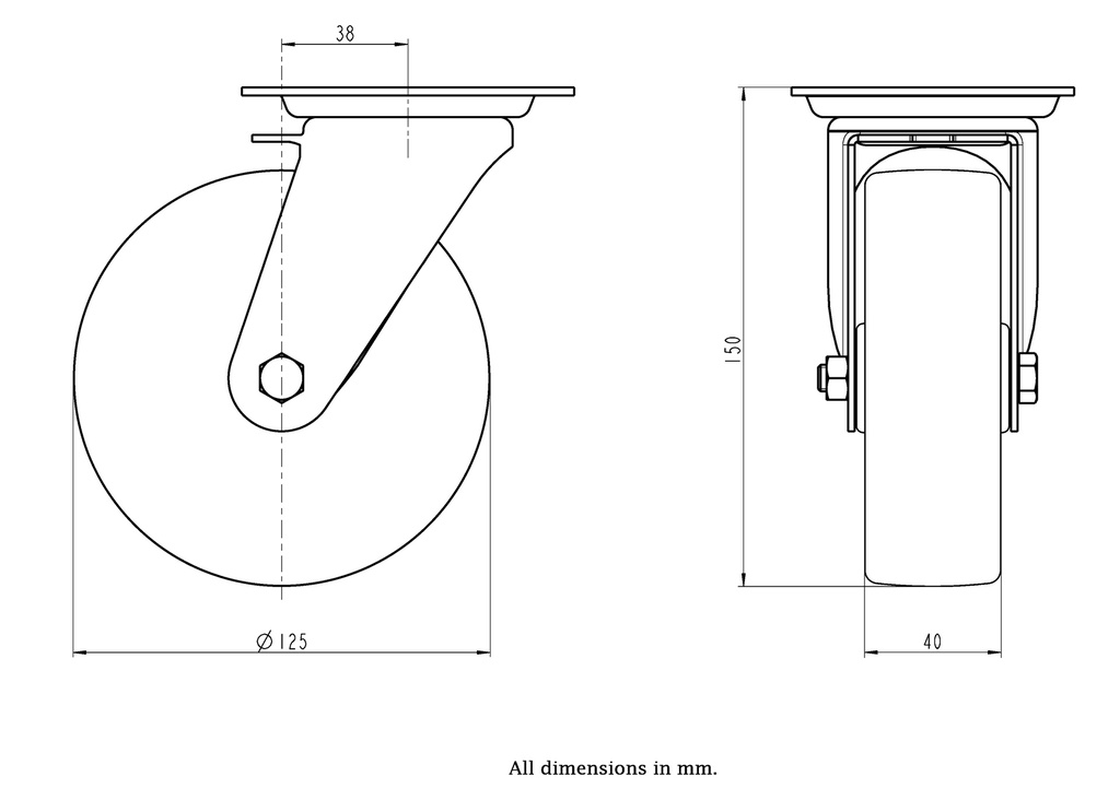 300HT series 125mm swivel top plate 100x85mm castor with heat resistant thermoplastic plain bearing wheel 150kg - Castor dimensions