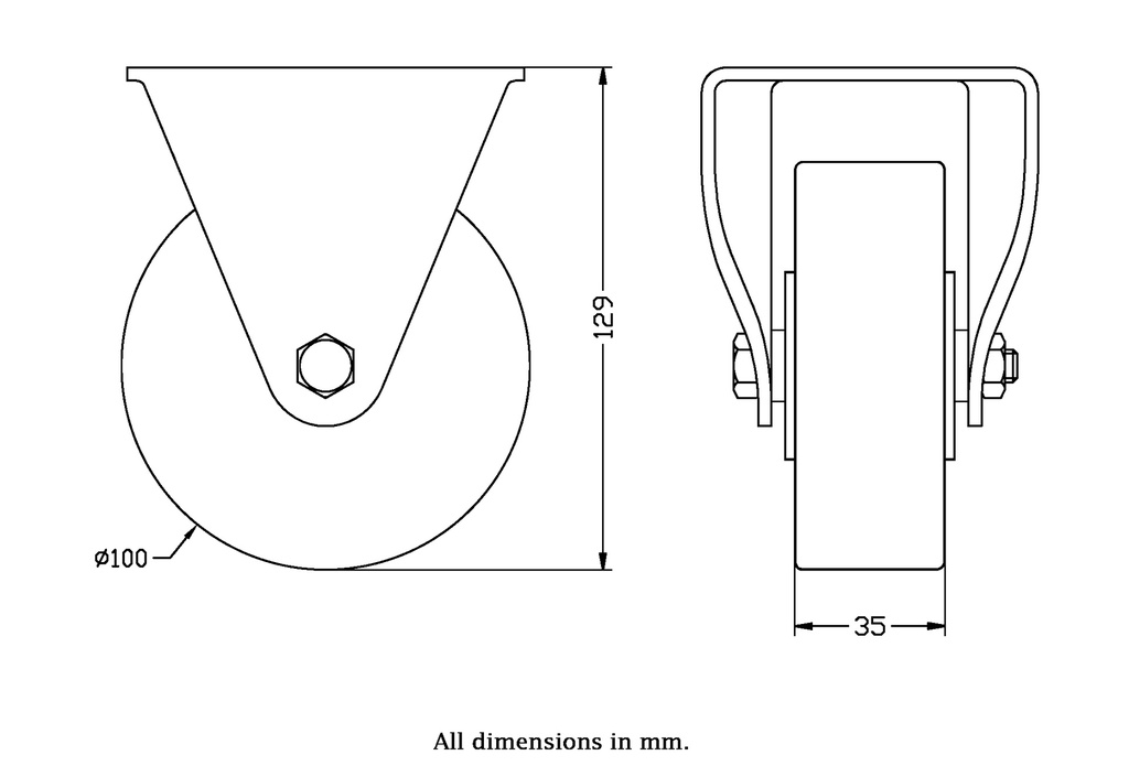 322 series 100mm fixed top plate 105x88mm castor with polyurethane on cast iron centre ball bearing wheel 250kg - Castor dimensions