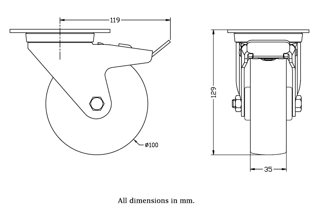 322 series 100mm swivel/brake top plate 106x86mm castor with nylon plain bearing wheel 250kg - Castor dimensions