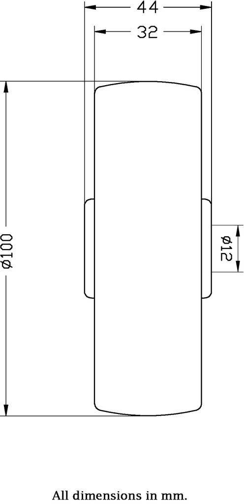 Wheel series 100mm nylon 12mm bore hub length 44mm plain bearing 270kg - Wheel dimensions