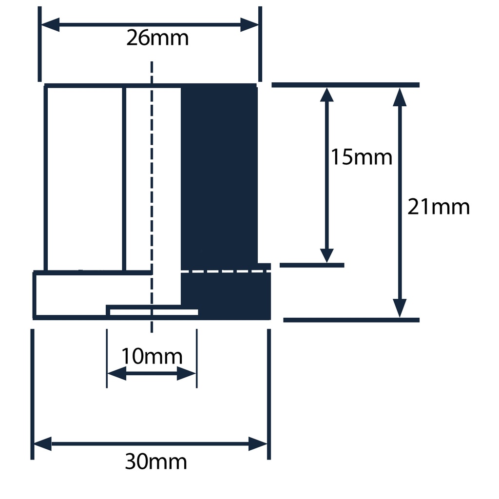 Plastic square threaded insert 30x30mm M10 (1.5) Plain sided Drawing with Dimensions