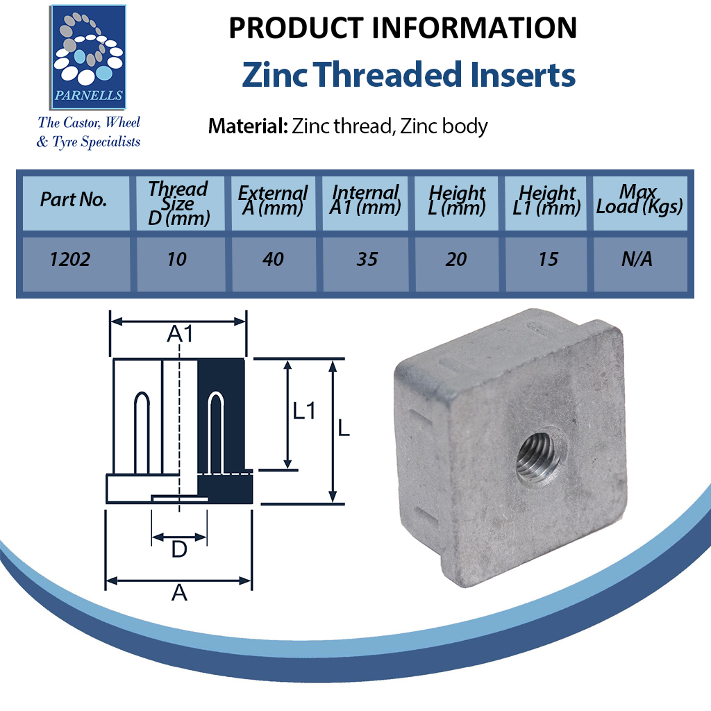 Zinc square threaded insert 40x40mm M10 Spec Sheet