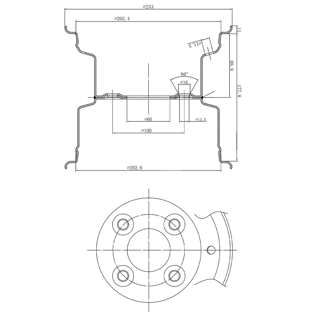 7.00x8 Wheel rim 4/100/60 silver Tech Drawing with Dimensions