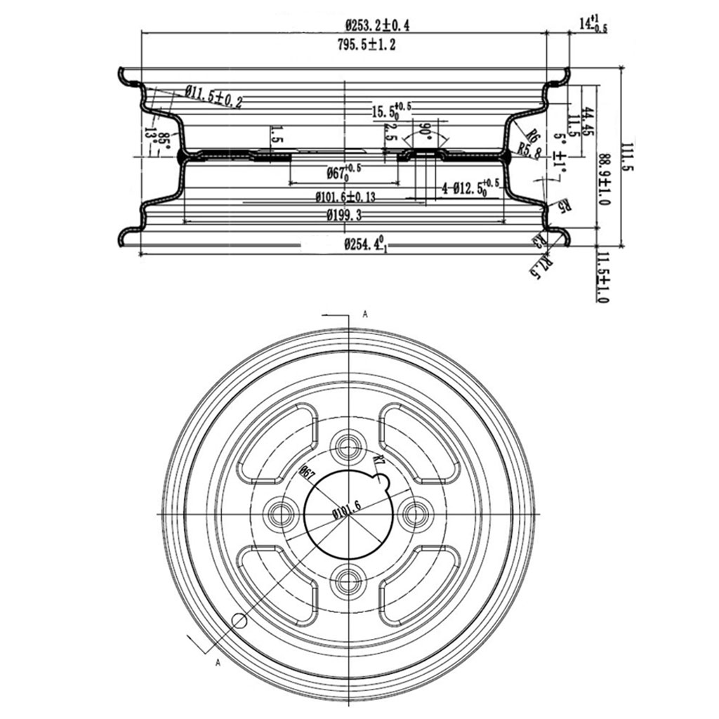 3.50x10" Wheel rim 4/101.6/67 ET0 silver 400kg Drawing with Dimensions