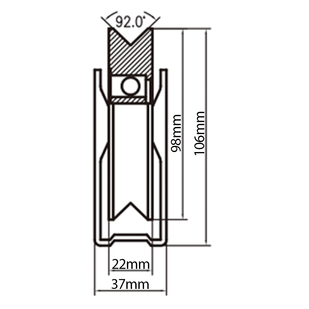 100mm V-groove wheel in fixed bracket Drawing with Dimensions