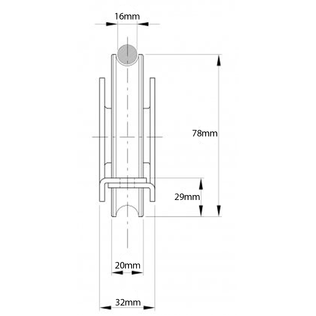 80mm Round groove wheel in support bracket Drawing with Dimensions