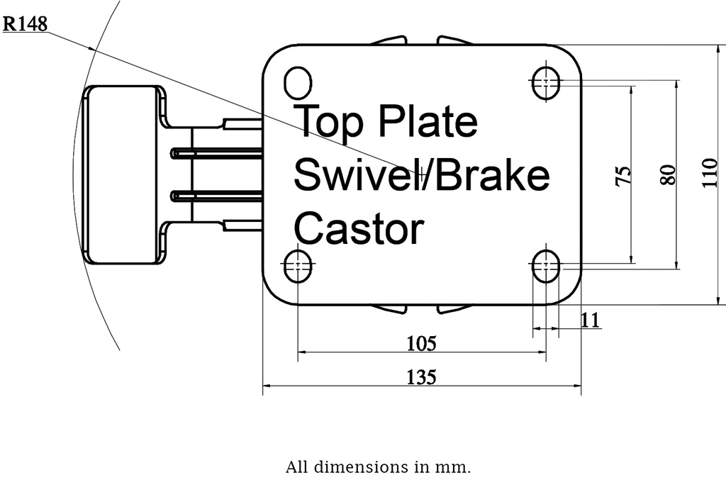 1500 series 160mm swivel/brake top plate 135x110mm - Plate drawing