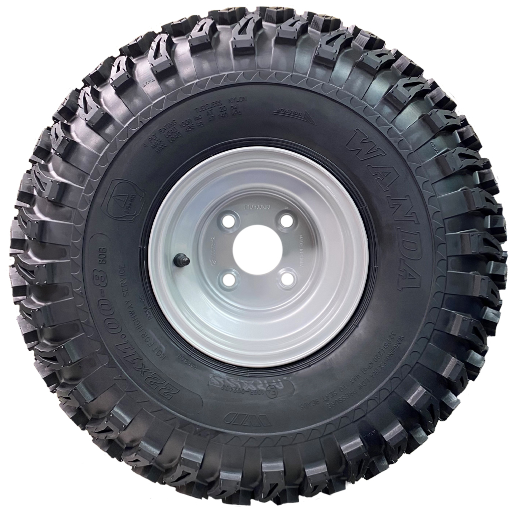 22x11.00-8 4pr Wanda P334 utility tyre E-marked TL on steel rim 4/100/60, 450kg load capacity on Hub & Stub axle 4/100 M12 wheel bolt  35x35mm Hi speed Side View