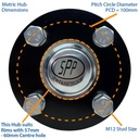 Hub & Stub axle 4/100 M12 wheel bolt 35x35mm Front View with text