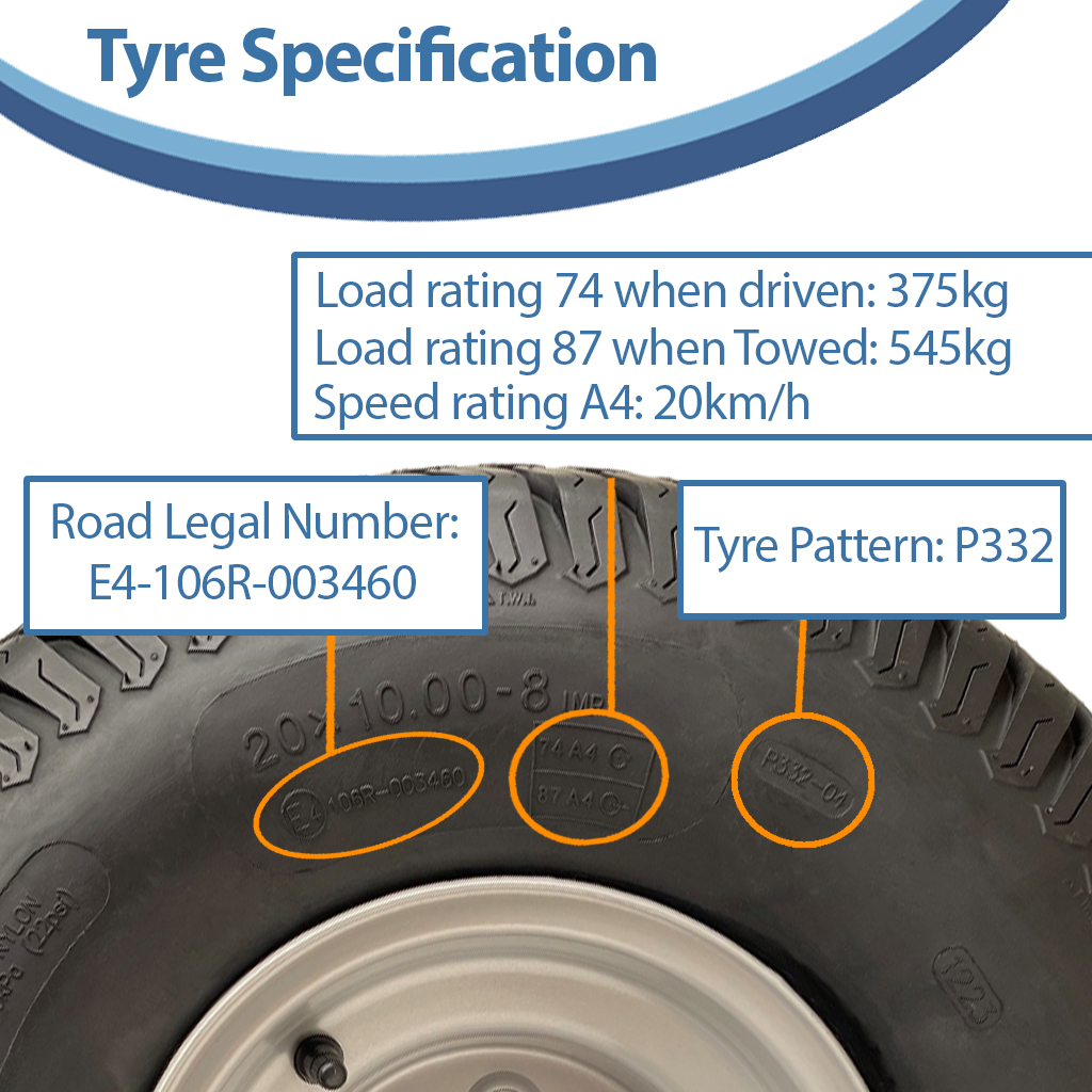 20x10.00-8 4pr Wanda P332 grass tyre on 4/4" rim Tyre specification with text