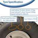 20x10.00-8 4pr Wanda P332 grass tyre on 4/4" rim Tyre specification with text