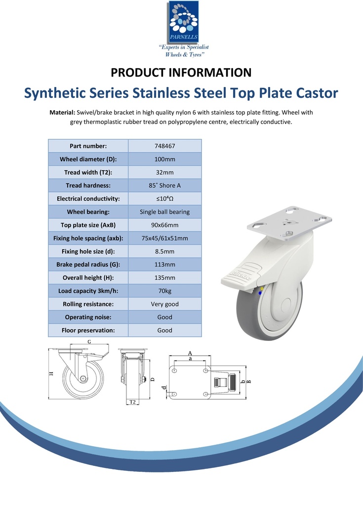 Plastic castor series 100mm stainless swivel/brake top plate 90x66mm castor with electrically conductive grey thermoplastic rubber on polypropylene centre single ball bearing wheel 70kg - Spec sheet