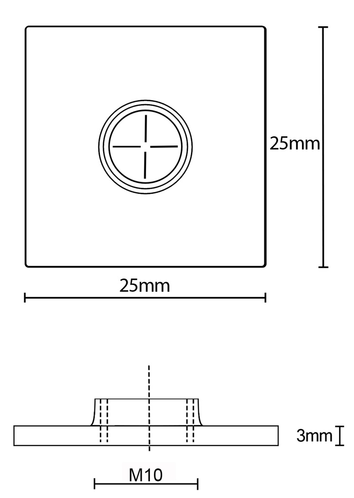 25x25x3mm M10 Stainless steel weld on plate AISI 316/A4 - Dimensions