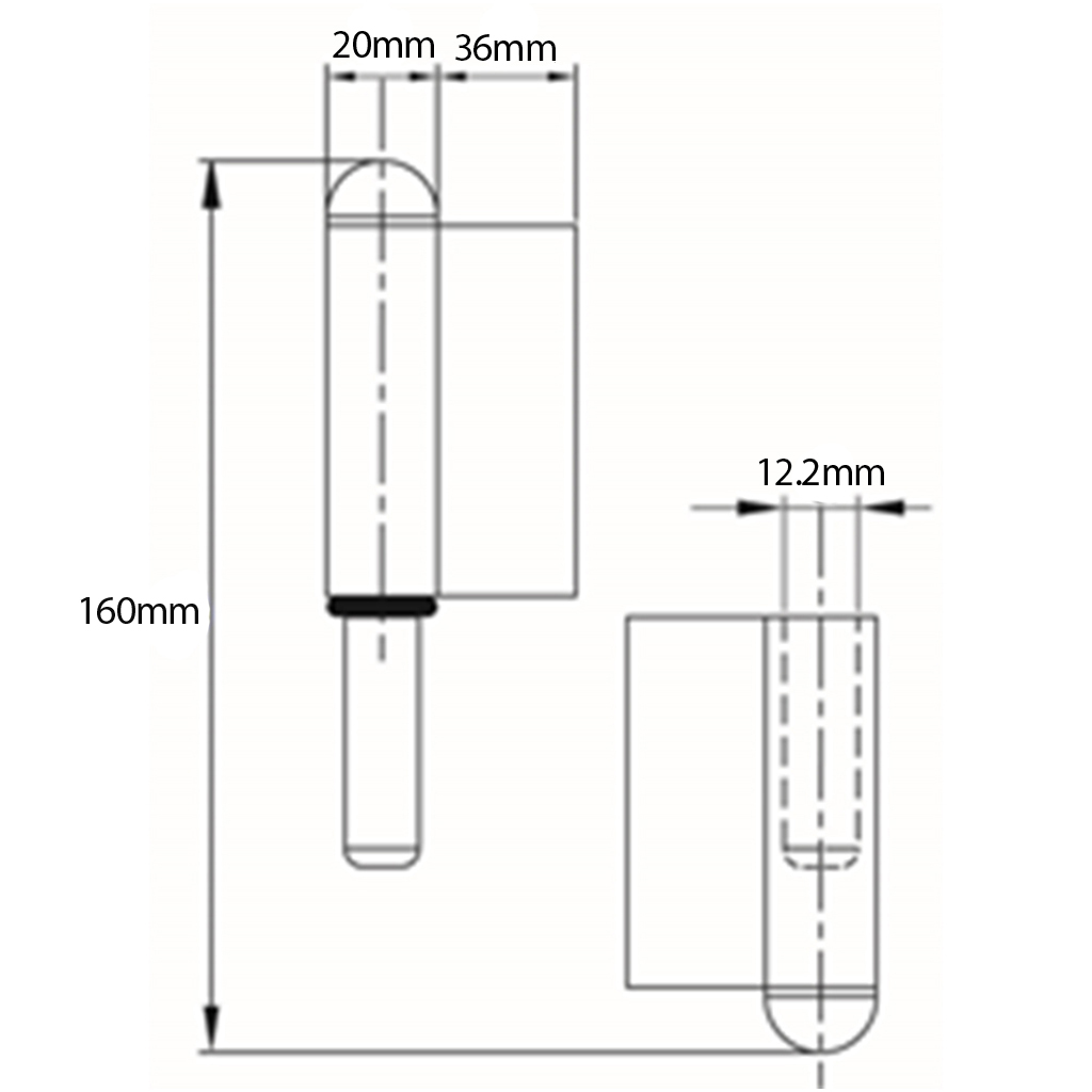 160mm Steel weldable hinge, fixed pin Right Hand Drawing with Dimensions