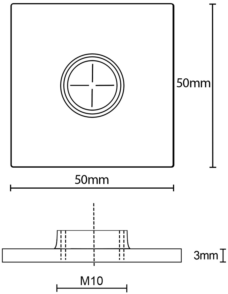 50x50x3mm M10 Stainless steel weld on plate AISI 304/A2 - Dimensions