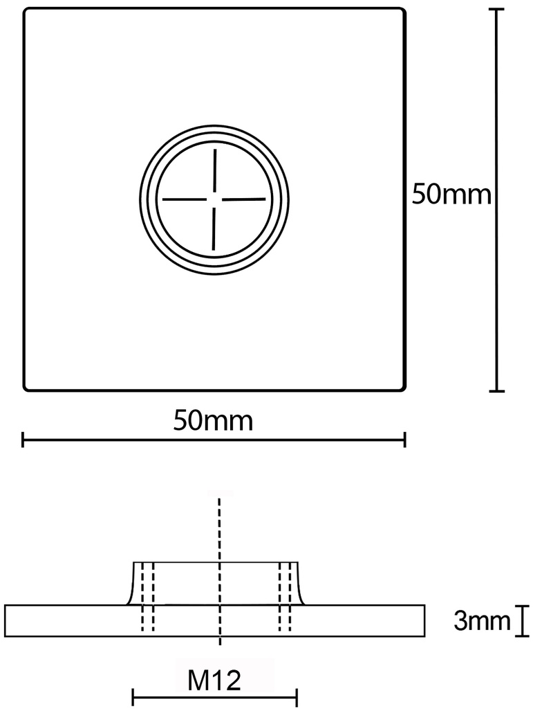 50x50x3mm M12 Stainless steel weld on plate AISI 304/A2 - Dimensions