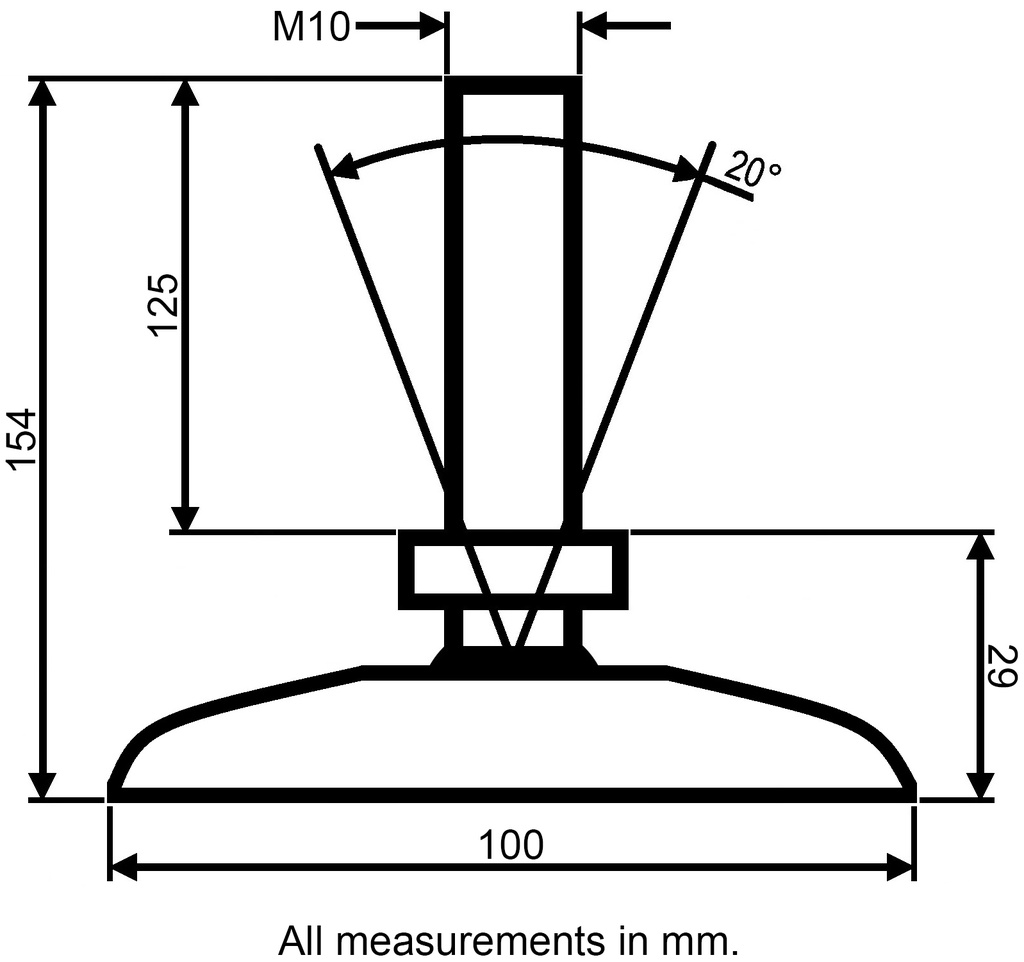 M10x125 Zinc plated tilting levelling foot with 100mm plastic base 470kg - Dimensions