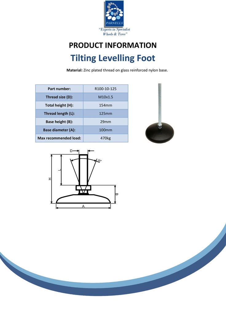 M10x125 Zinc plated tilting levelling foot with 100mm plastic base 470kg - Spec sheet