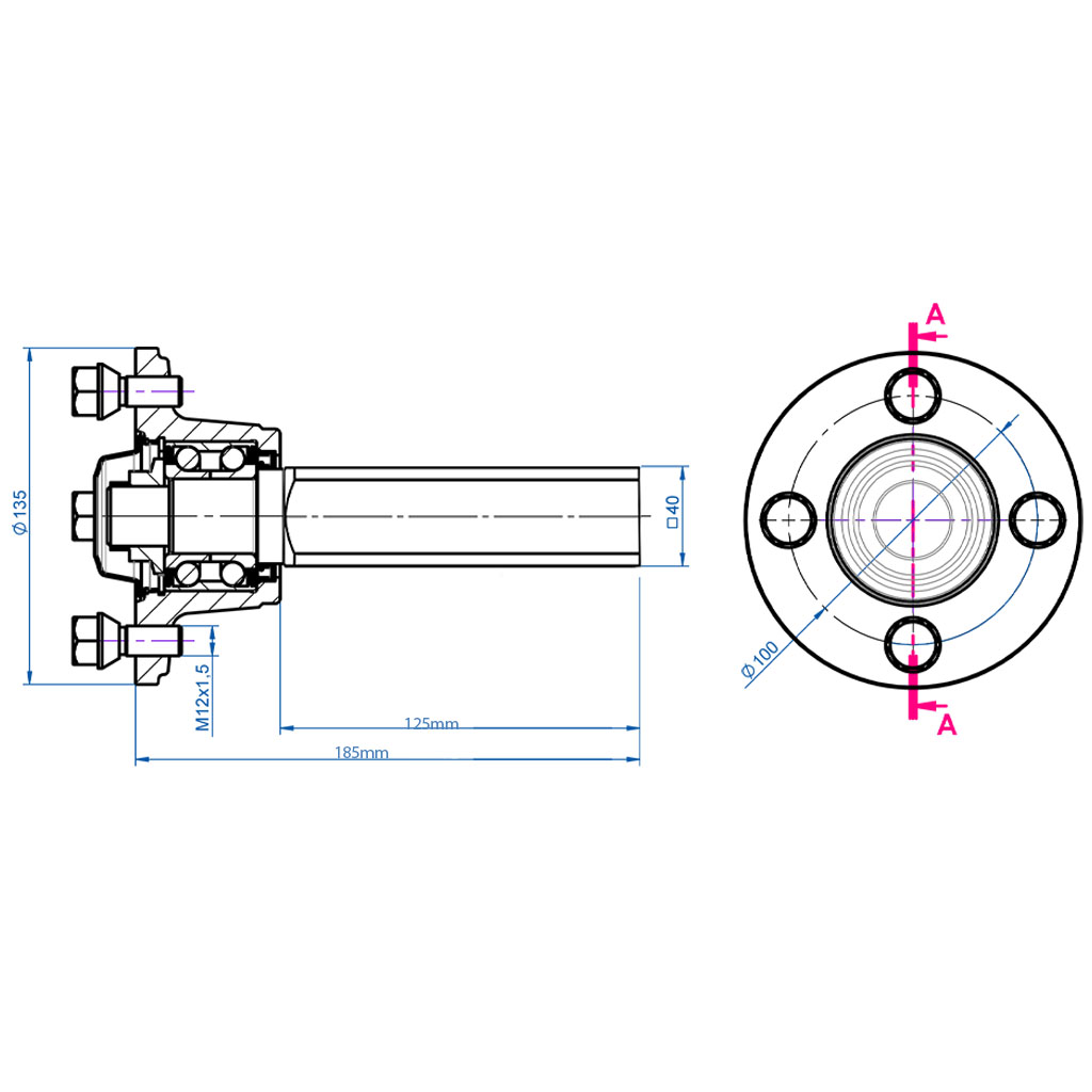 Hub/stub axle 40x40mm, drawing with dimensions