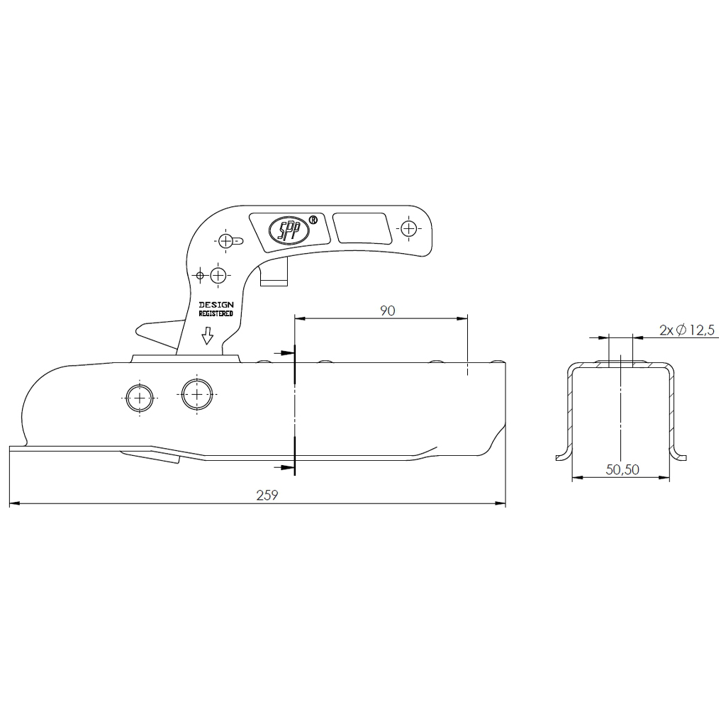 Pressed hitch, 612kg load capacity drawing with dimensions