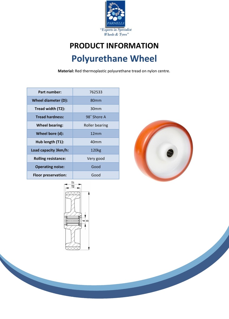 Wheel series 80mm RED/BROWN polyurethane on nylon centre 12mm bore hub length 40mm roller bearing 120kg - Spec sheet