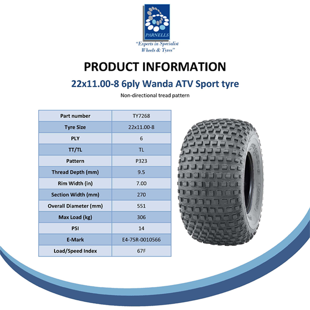 22x11.00-8 6pr Wanda P323 knobby tyre spec sheet