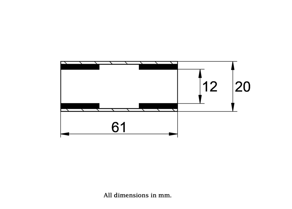 Bush 20x12x61mm Stainless Steel bush with plastic insert - Dimensions