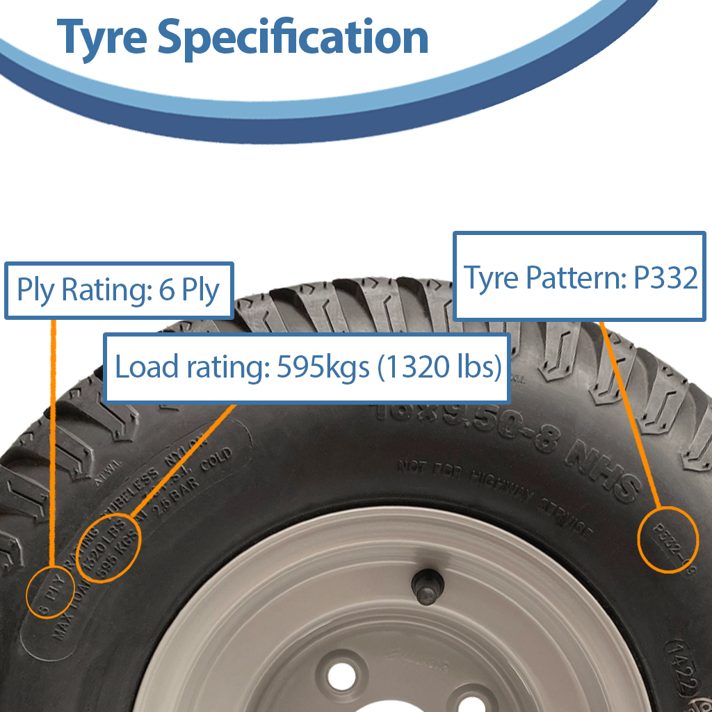 18x9.50-8 6pr Wanda P332 grass tyre TL on steel rim 4/101.6/67, 470kg load capacity specification