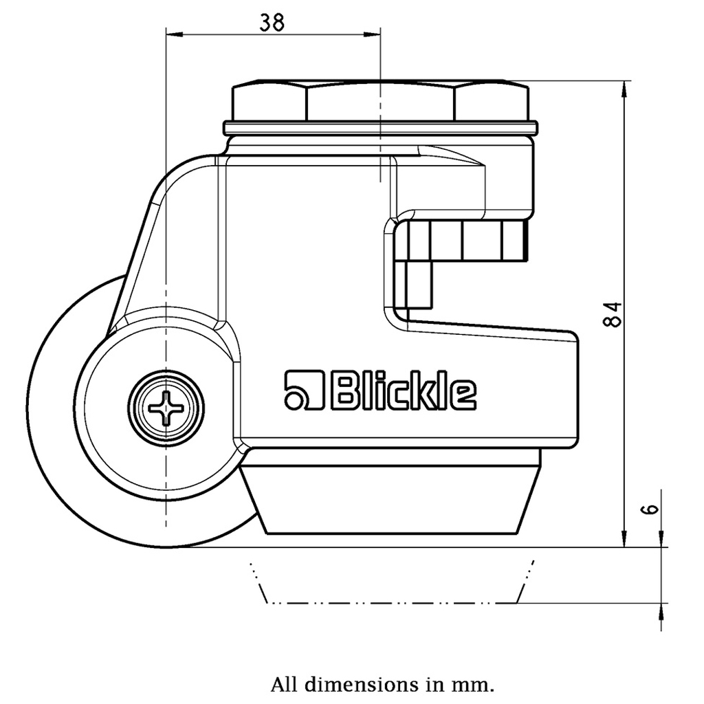 Levelling series HRIG-POA 50G 50mm swivel threaded bolt hole M12x15mm castor with nylon plain bearing wheel 250kg side view