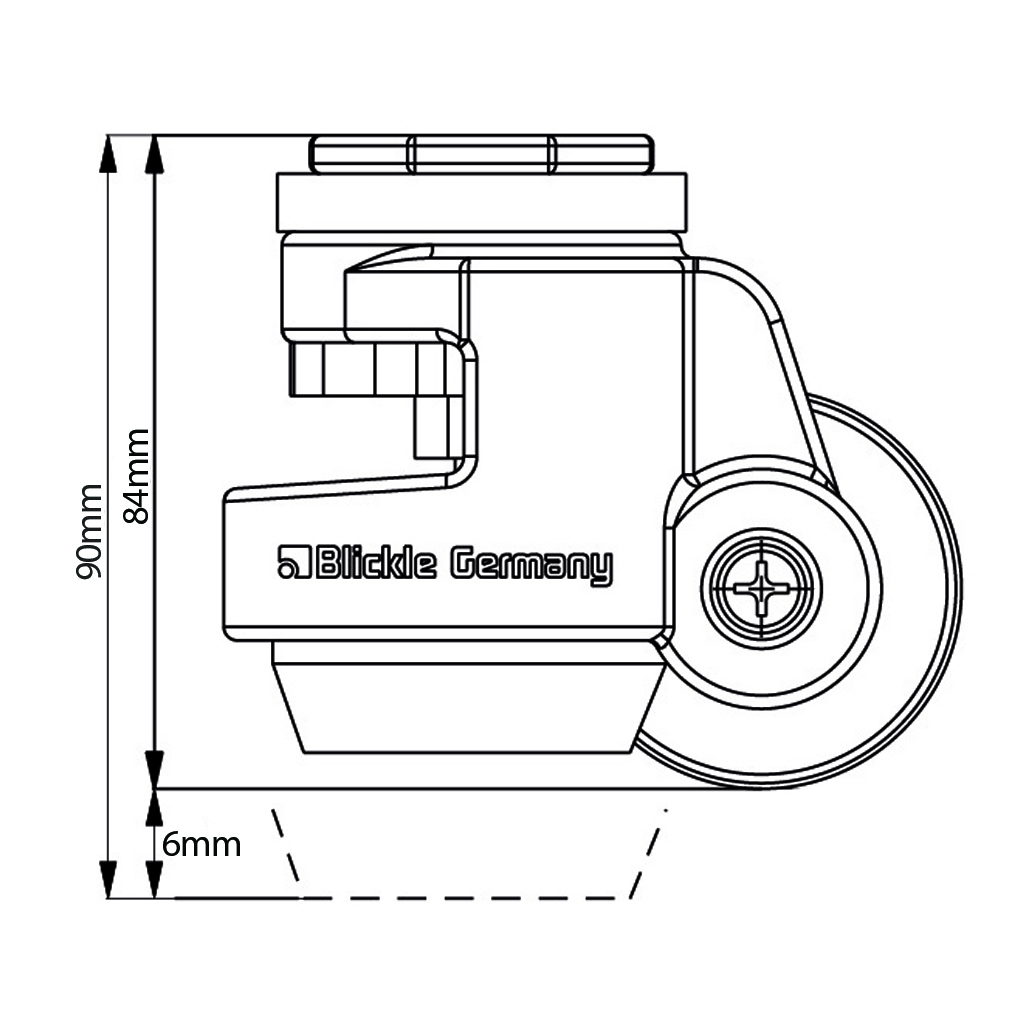 Levelling series HRIG-POA 50G 50mm swivel threaded bolt hole M12x15mm castor with nylon plain bearing wheel 250kg side view with extended foot