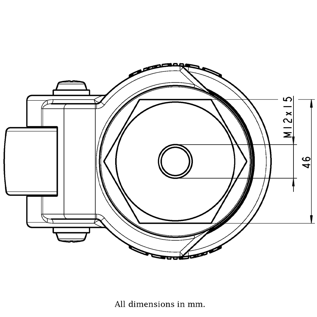 Levelling series HRIG-POA 50G 50mm swivel threaded bolt hole M12x15mm castor with nylon plain bearing wheel 250kg top view